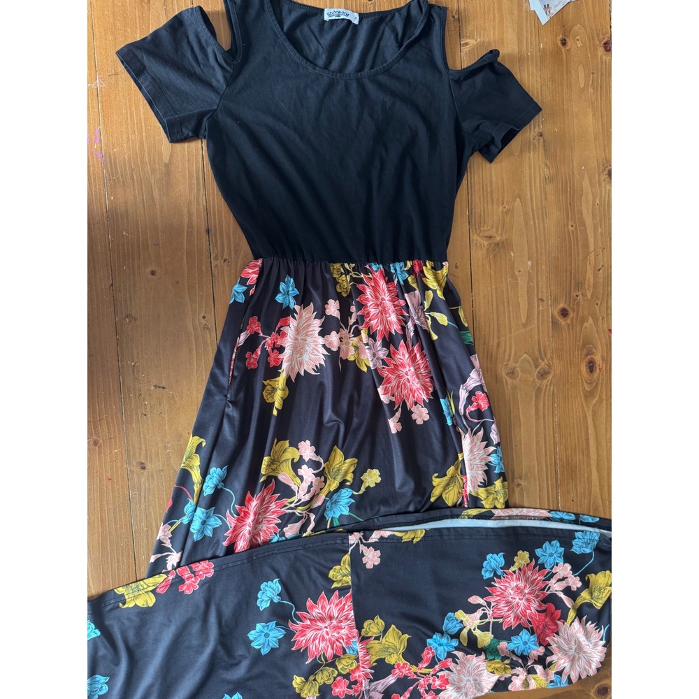 Styleword Womens Cold Shoulder Floral Maxi Dress Black Short Sleeve Pockets‎ M